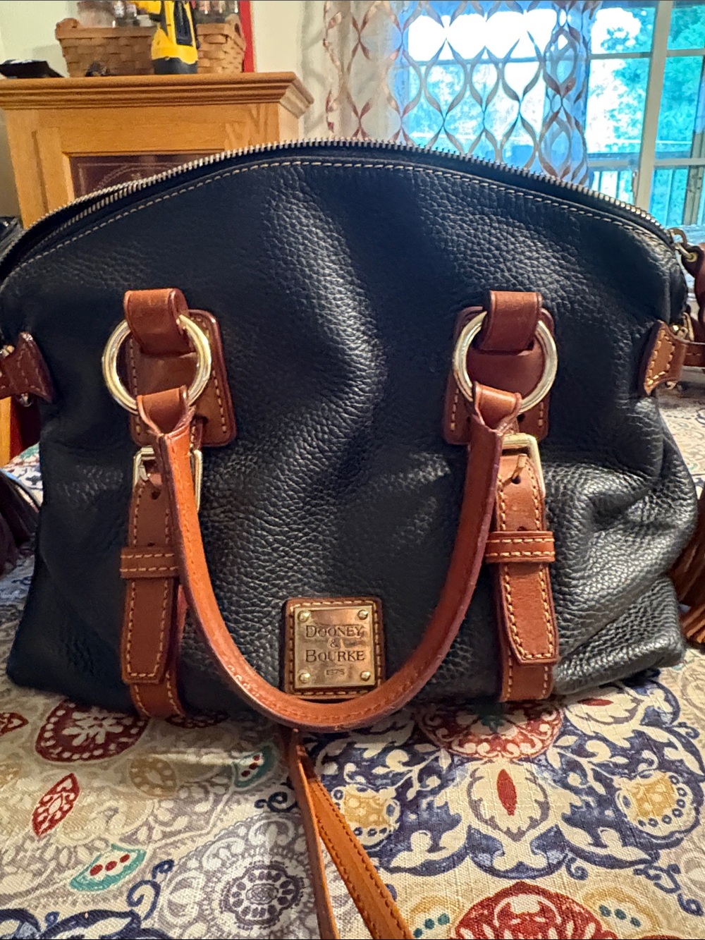Dooney & Bourke Black and Brown Pebbled Leather Satchel with Gold Hardware